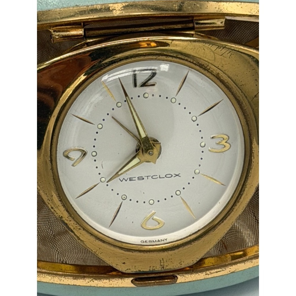 Vintage Westclox Travel Alarm Clock Germany Aqua Blue Clamshell Case For Parts - Picture 2 of 5